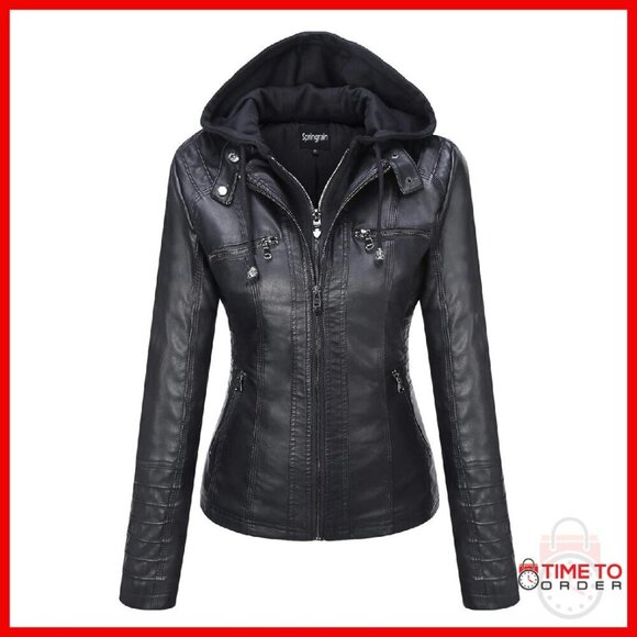 Jackets & Blazers - Faux Leather Moto Jacket with Detachable Hood, Zippered Pockets